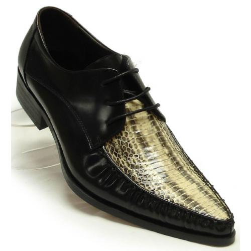 Fiesso Black / Natural Genuine Snake Skin Pleated Leather Pointed Toe Shoes FI6591